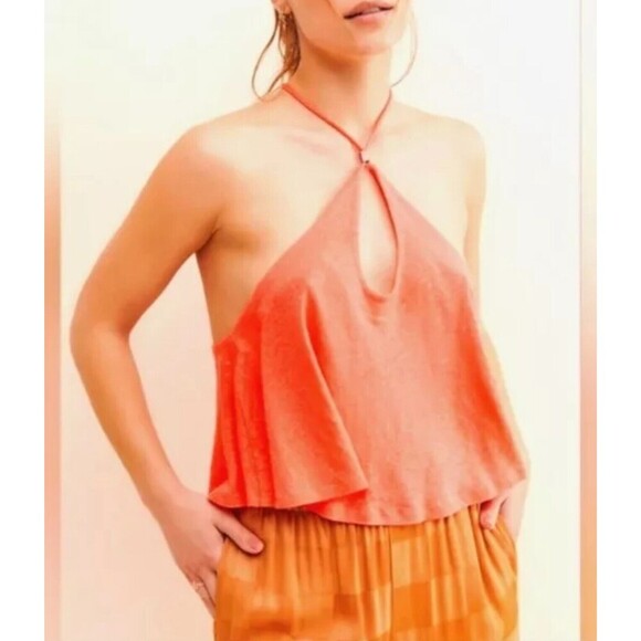 FREE PEOPLE Halter Crop Tank Top Women S Coral Orange Linen Blend Open Back Boho - Picture 5 of 9